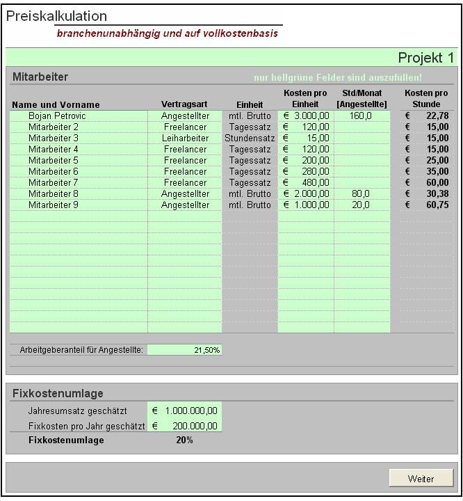 Excel Tool Preiskalkulation