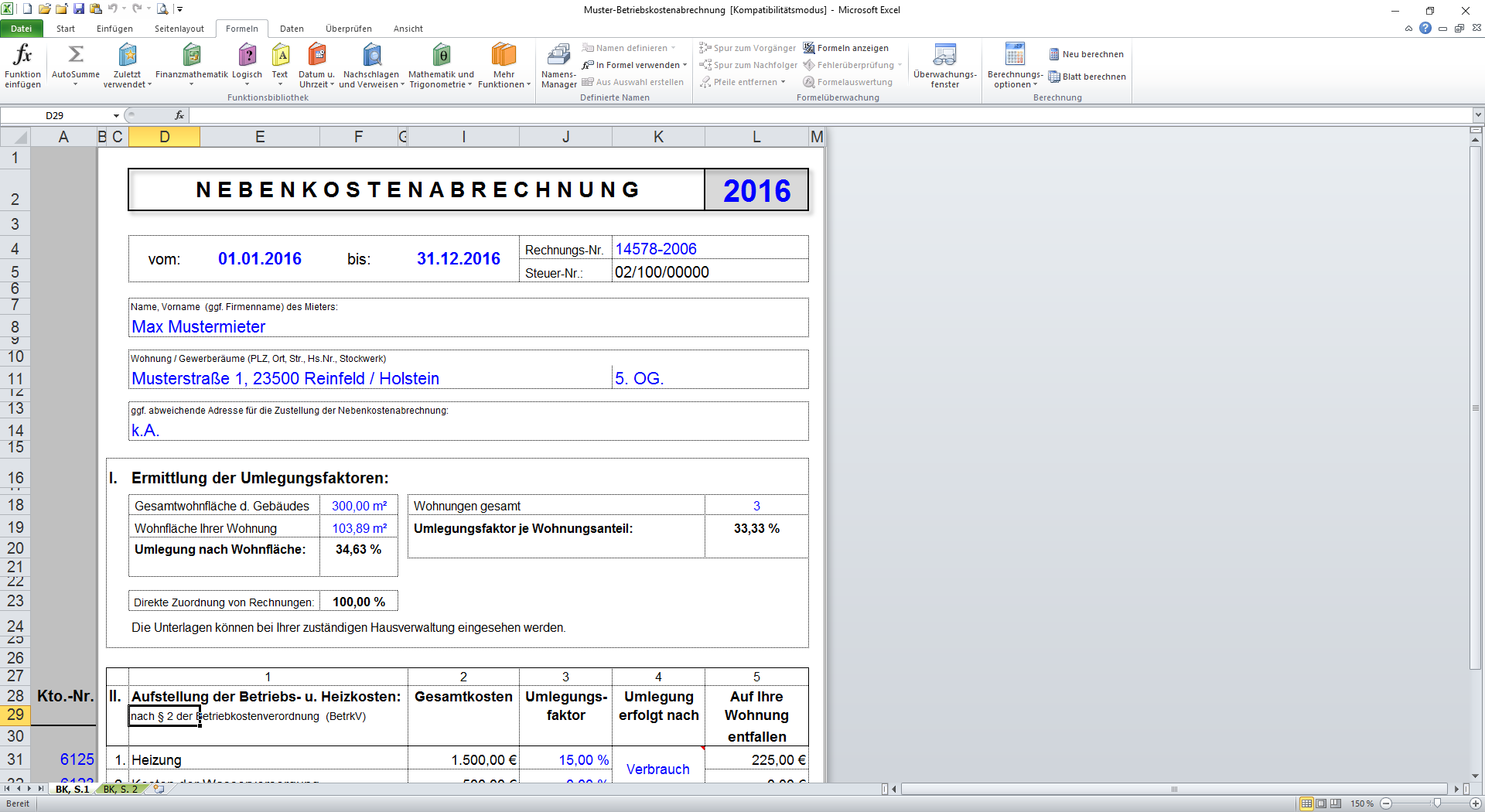 Muster Betriebskostenabrechnung In Excel