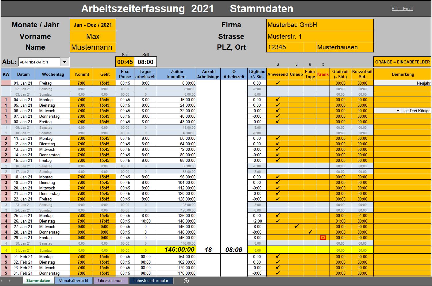 Excel Arbeitszeiterfassung 2020 Feste Pause